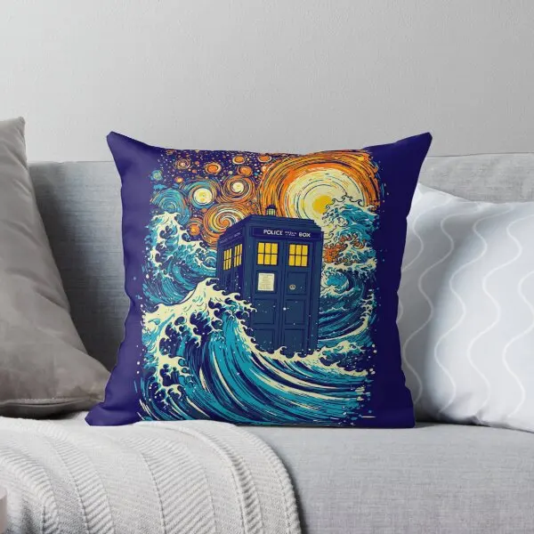 

The Great Kanagawa Wave And The Tardis Printing Throw Pillow Cover Square Hotel Cushion Waist Pillows not include One Side