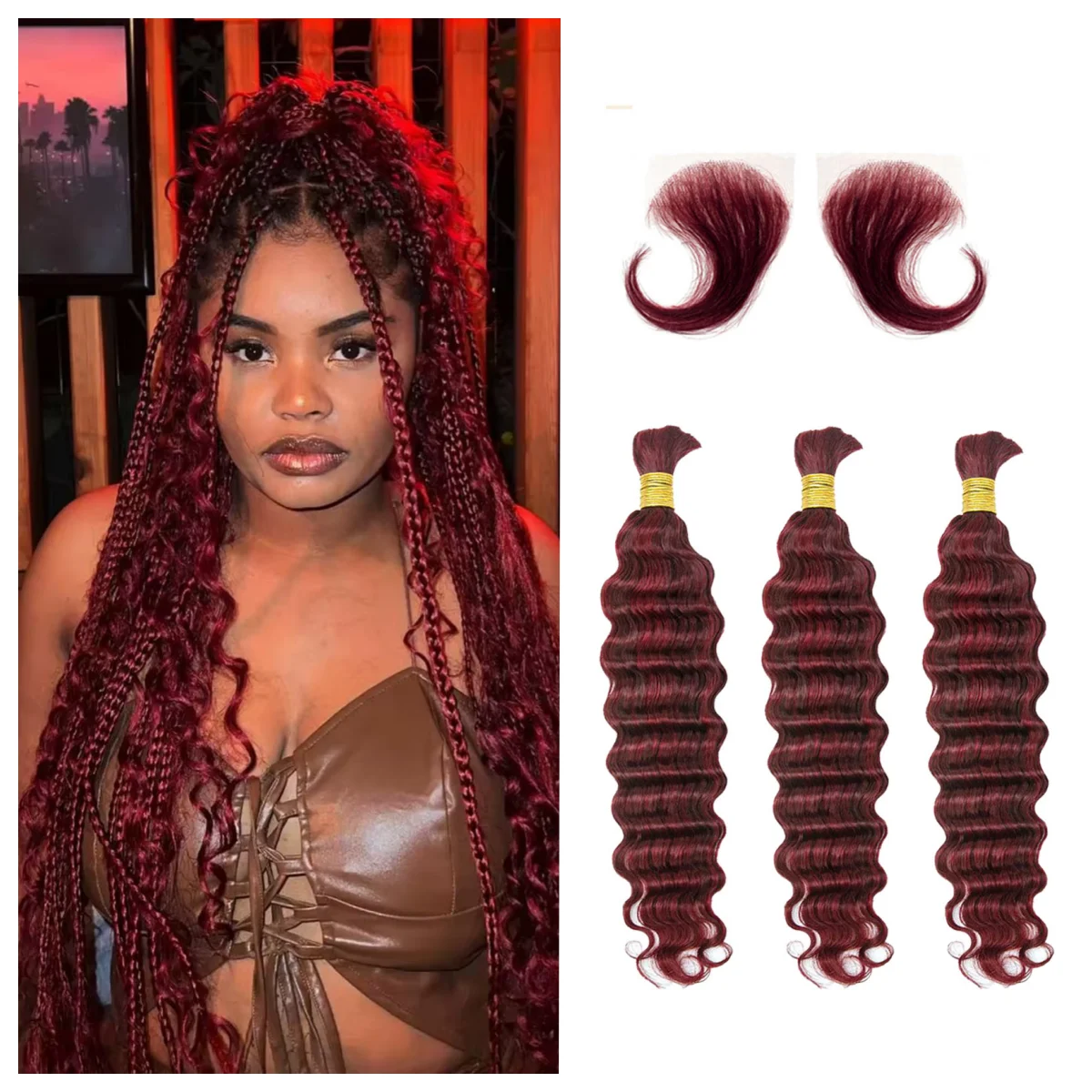 99j Burgundy  For Braiding Deep Wave Human Hair Bundles No Weft Bundles For Women Hair Extensions 100g Bulk Human Hair