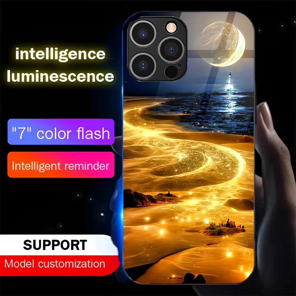 

Dreamy Moonlight River Luminous Glass LED Call Light Up Flash Phone Case Cover For iPhone 16 E 15 14 13 12 11 Pro Max X XR
