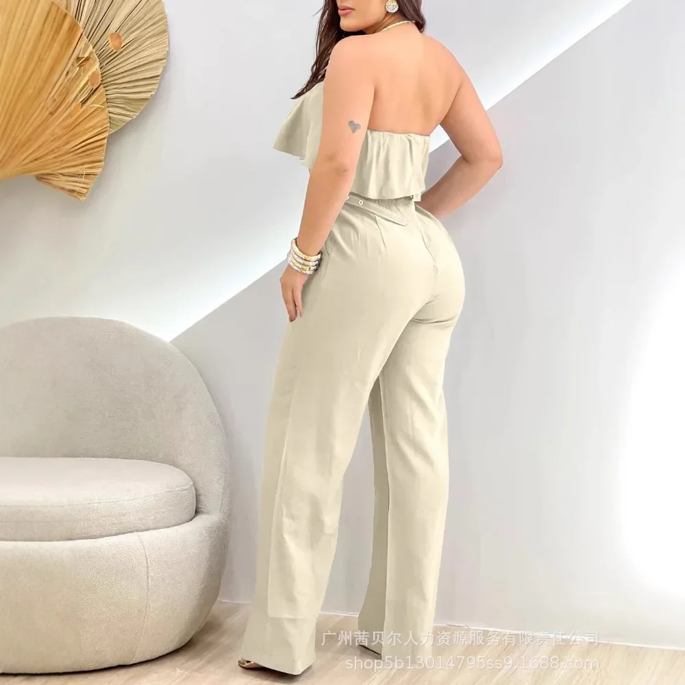 

Ruffles Jumpsuit with Belt Casual Waist Summer Jumpsuits Women Spring Bandeau Sleeveless Pocket Design Romper Straight Pants