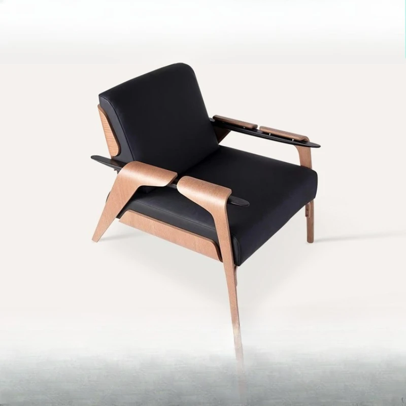 Solid wood hotel resort study bed and breakfast chair back chair, fabric leather art living room single armrest sofa chair