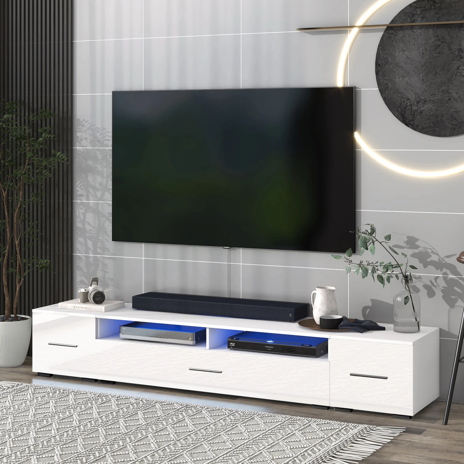 Modern High Gloss TV Stand with Color Changing LED Lights for 90+ inch TV, White Universal Entertainment Center