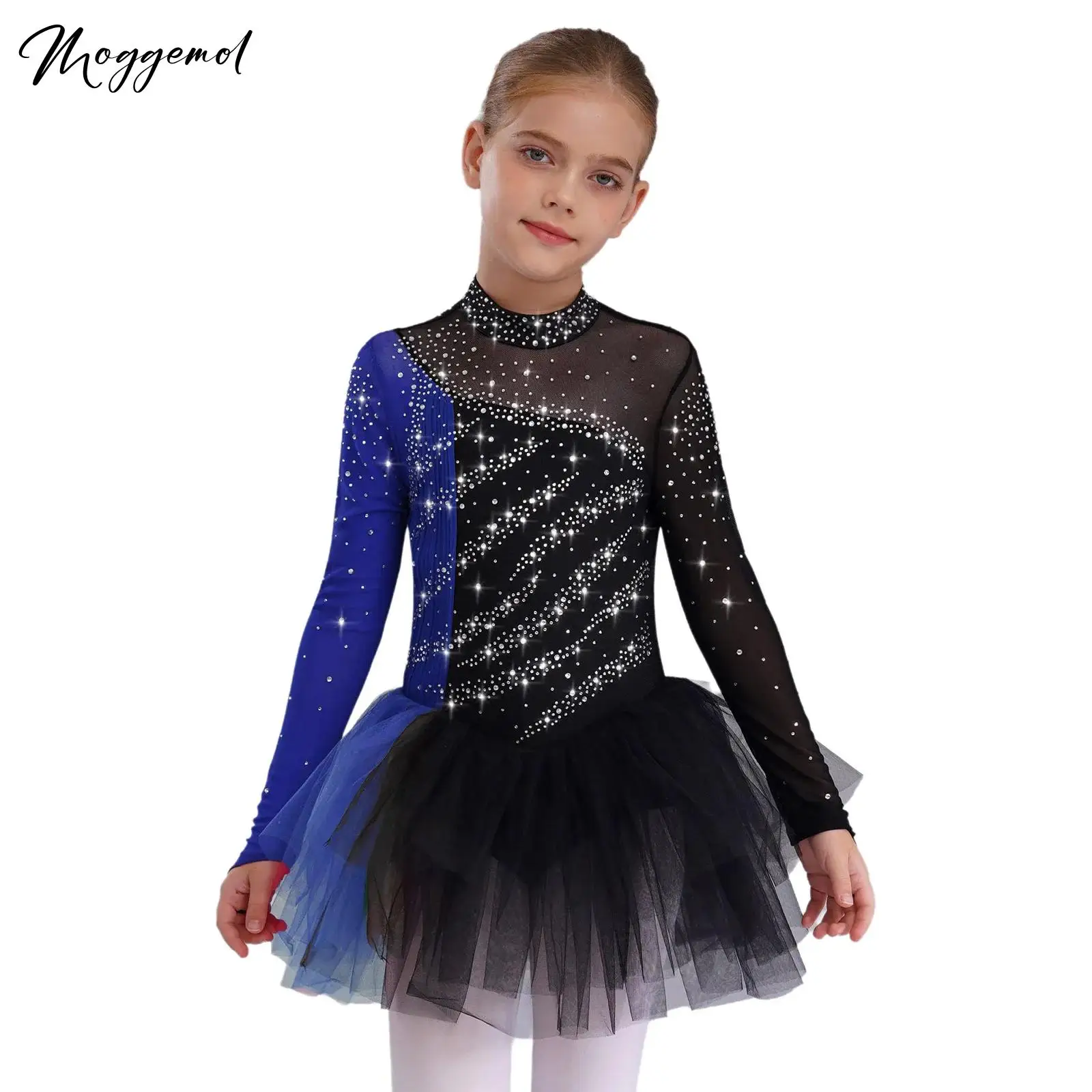 

Танцевальные платья для фигурного катания для девочек, сценический костюм с длинными рукавами, сверкающие стразы, сетчатое платье из джерси с цветными блоками