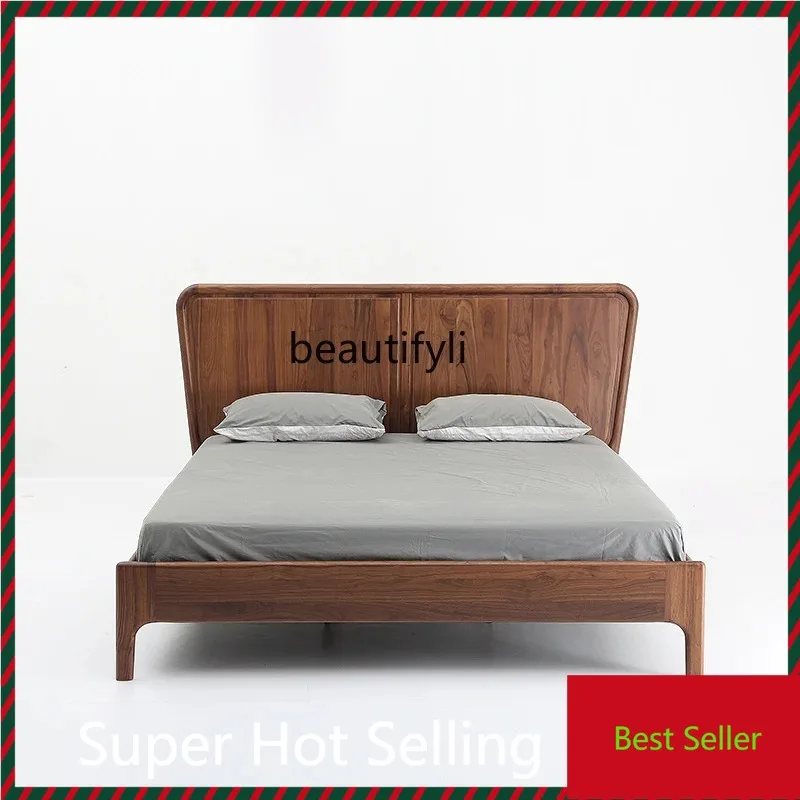 

QQ132 Nordic and Japanese Style Black Walnut Solid Wood Double Bed Marriage Bed Bedroom Wood Wax Wood Furniture