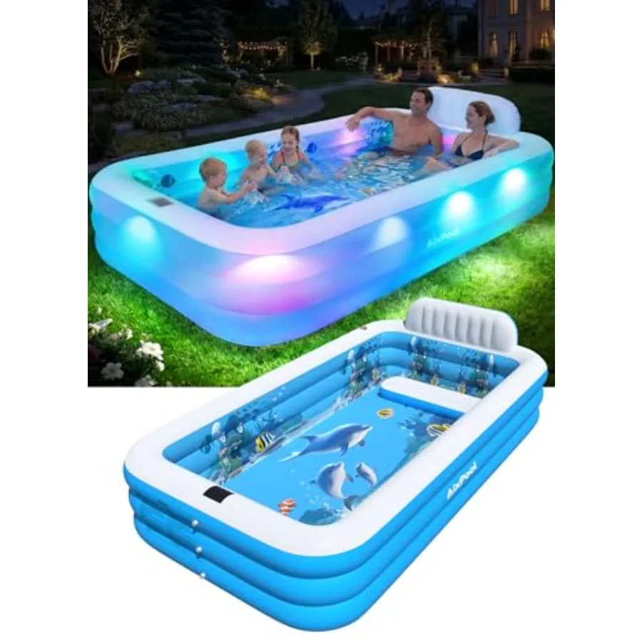 

Extra Large Inflatable Pool With Lights for Backyard Use PVC White Solar-Powered Lighting Built-in Seat with Backrest