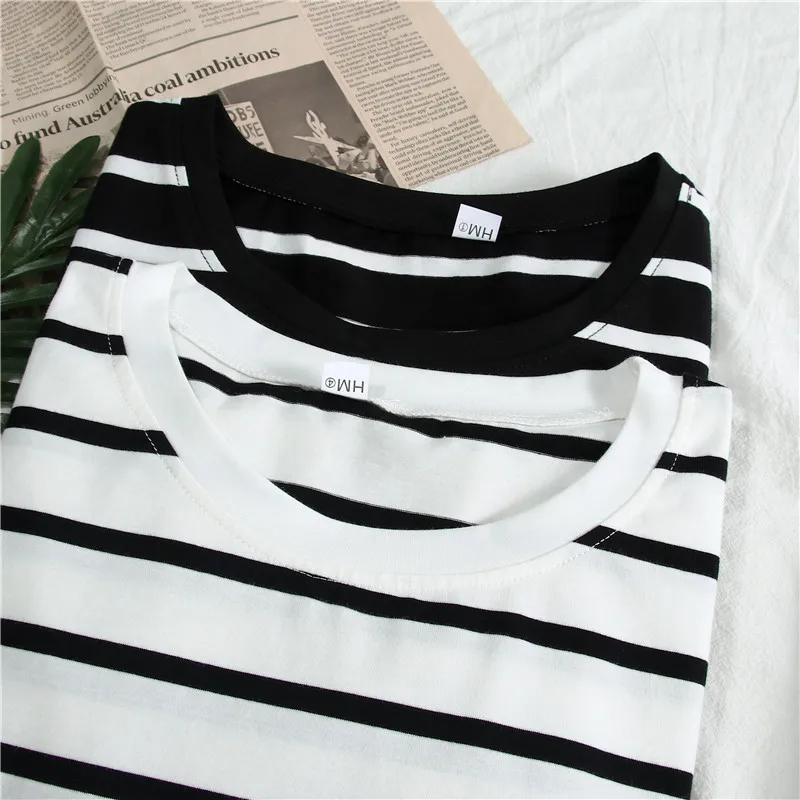 2024 autunno sciolto t-shirt donna nero bianco a righe manica lunga Pullover Casual top coreano semplice ragazza Basic Tees