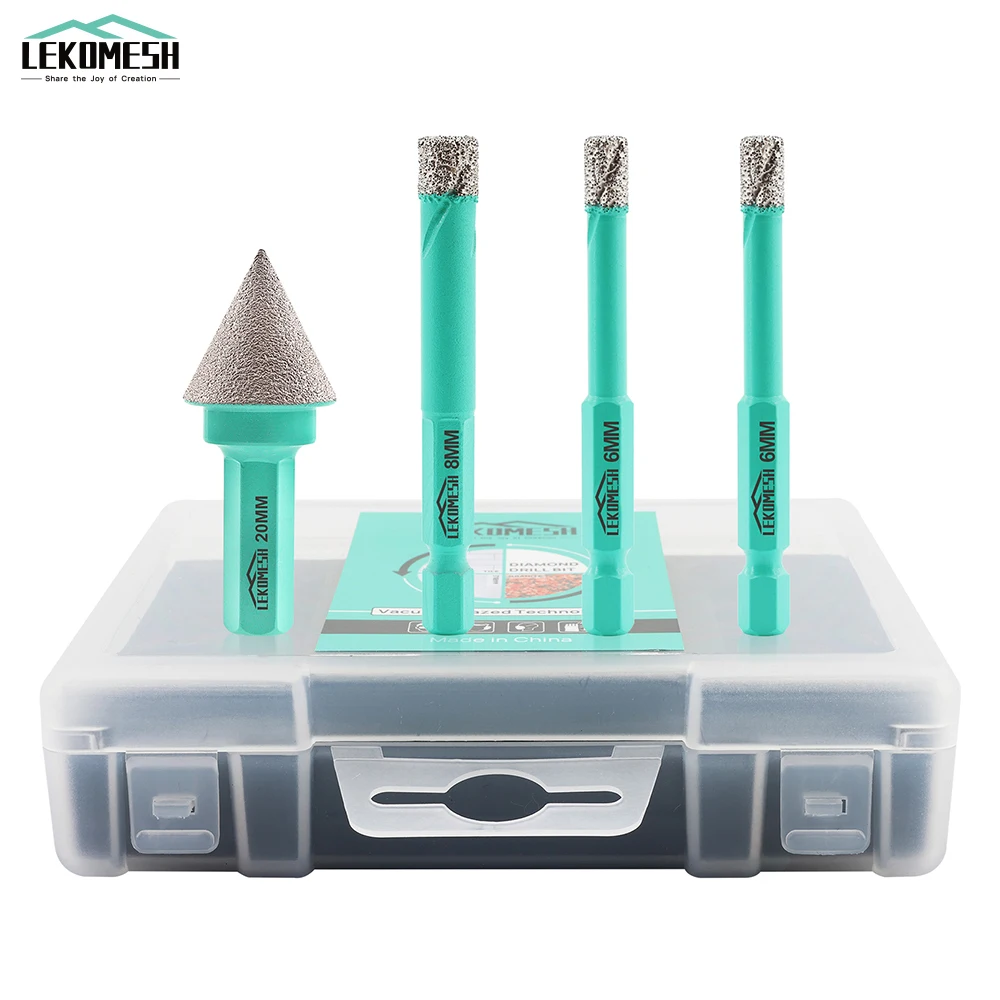 

LEKOMESH 4pcs/set Diamond Drill Bits Dia 6/6/8mm Triangle 20mm Chamfer Bit For Ceramic Porcelain Tile Granite Marble Hole Saw