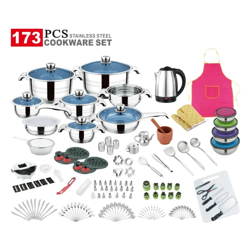 Modern stainless steel cookware set with glass cover for durable kitchen cookware
