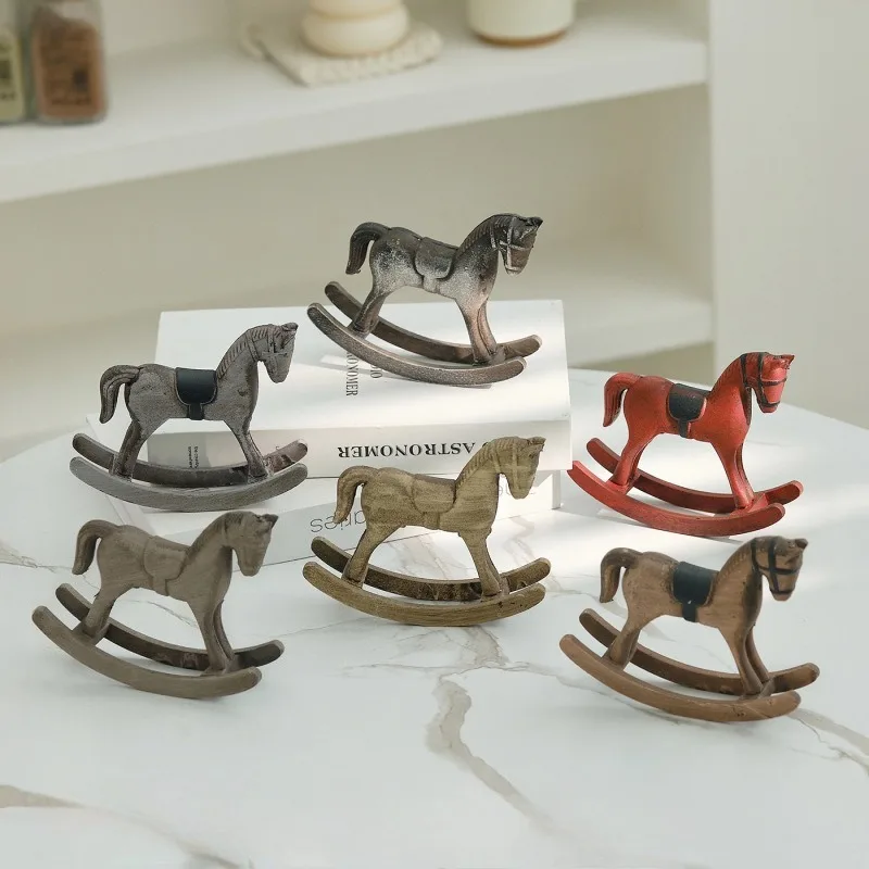 ​​​​​​​Nordic Retro Wooden Rocking Horse Statue Handcrafted Desktop Decor for Living Room Bar Rustic Farmhouse Decoration