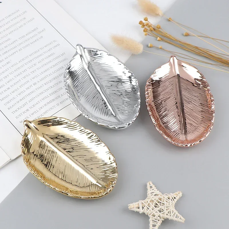 1PC Ceramic Leaves Plate Tree Leaf Jewelry  Dessert Gold/Silver Storage Tray Ceramics Jewelry Trinket Dish trays decorative