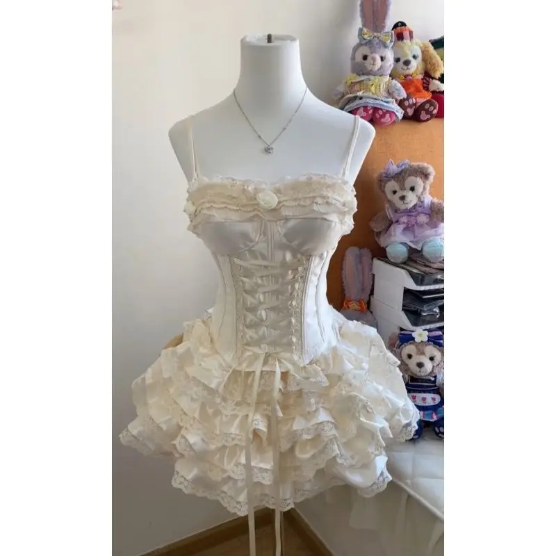 

Summer Korean Fashion Y2k Princess Women's Dress Backless Strap Tops High-waist Lace Lolita Mini Skirt French Woman Clothes 2026