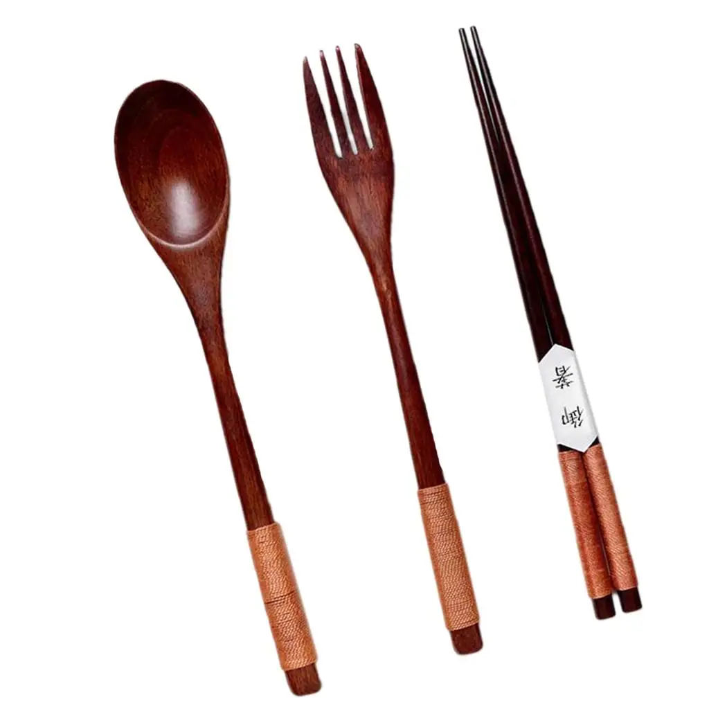 Portable Natural Wood Spoon Fork Chopstick Set Long Handle Cutlery Utensil