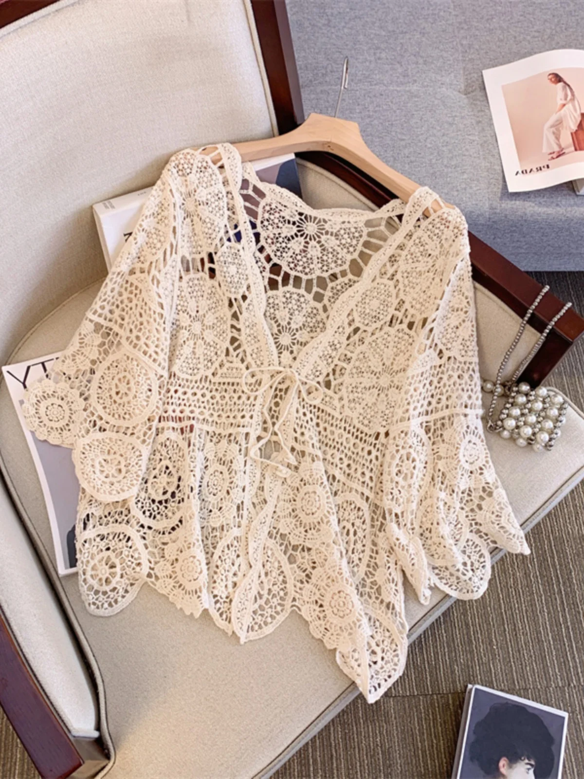 

Plus Size Ele plus Size Women's V-Ne Open Cardigan Hollow out Knitted Summer Top Thin oulder awl Outerwear Pure Color