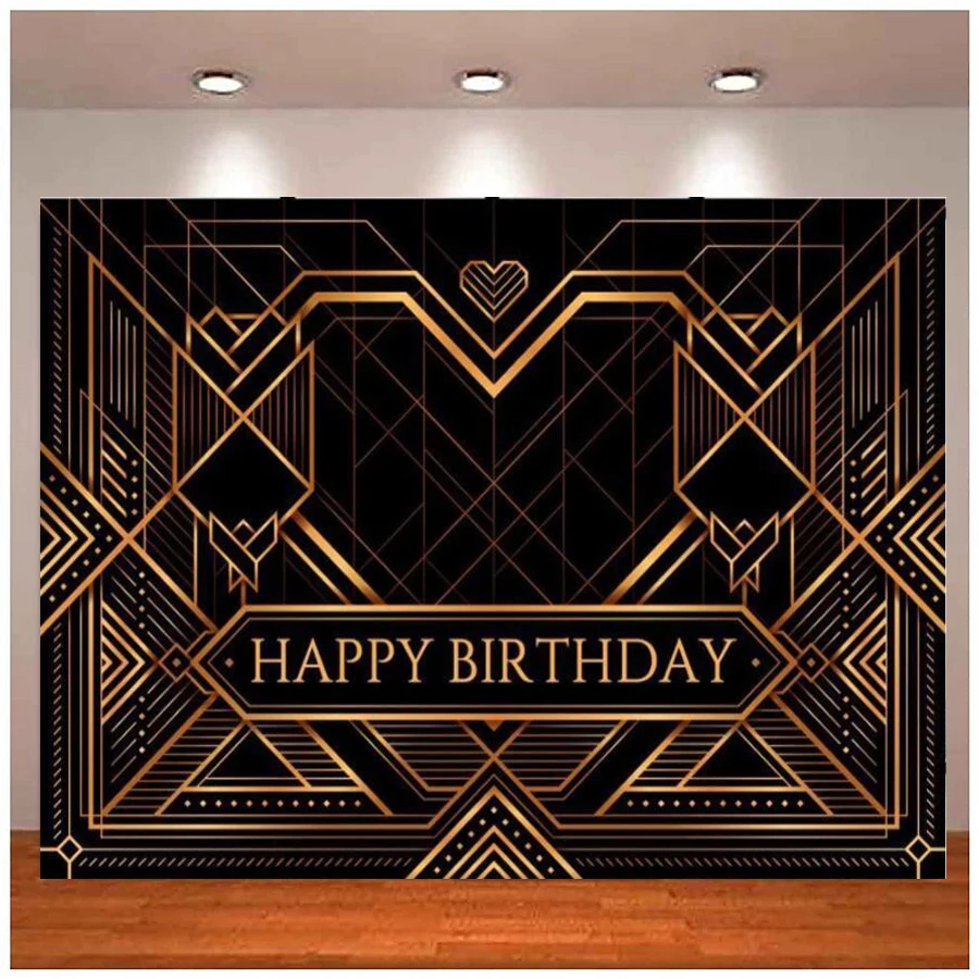 

Happy Birthday Party Photography Backdrop Black And Gold Great Gatsby Banner Abstract Decor Background Photo Booth Stuio Shoots