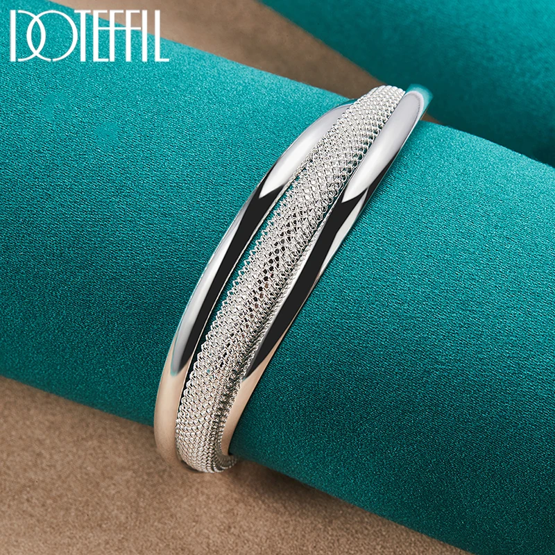 DOTEFFIL 925 Sterling Silver Large Reticulated Smooth Bangle Bracelet For Woman Man Wedding Engagement Jewelry