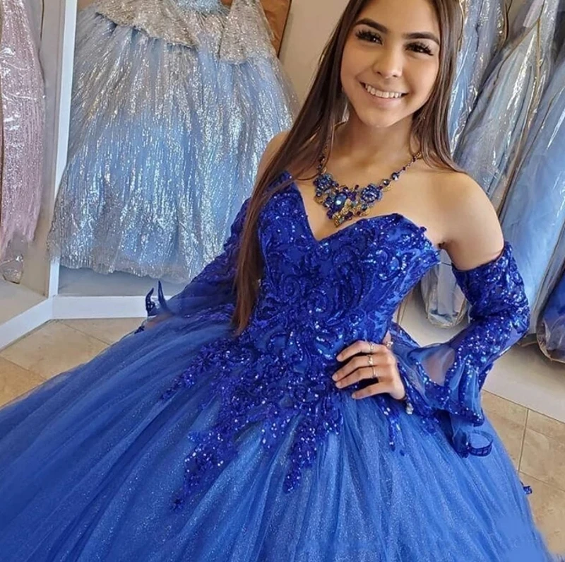 Gaun Pernikahan Gaun Prom Putri Lengan Panjang Sweetheart 15 16 Quinceanera Kain Tulle Renda Biru Mewah Gaun Pengantin