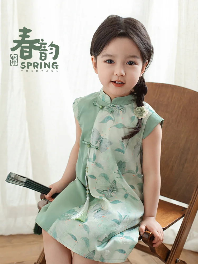 

Girls' New Chinese Contrast 2024 Summer Children's Beautiful Simple Sleeveless Dress