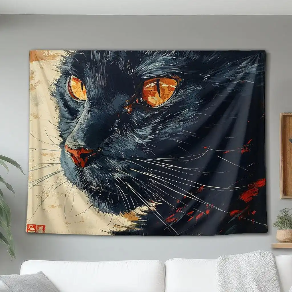 Dramatic Black Cat Portrait Wall Tapestry Boho Living Room Decor Artwork for Modern Home Interior Design