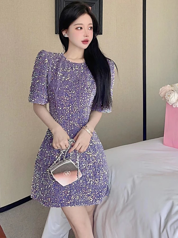 Zomer paarse pailletten mini-jurk met korte mouwen 2025, Koreaanse vintage luxe party vestidos vrouwen elegante bodycon party night dress