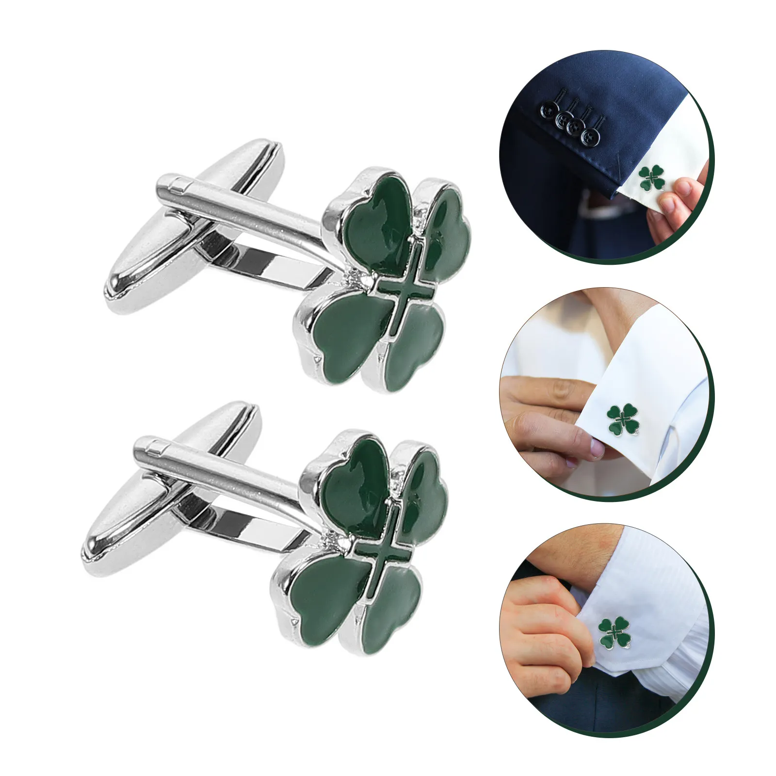 2Pcs Four Leaf Clover Irish Heart Cufflinks Green Enamel Alloy Mens Cuff Jewelry Good Luck St Patricks Day Cuff Clasps