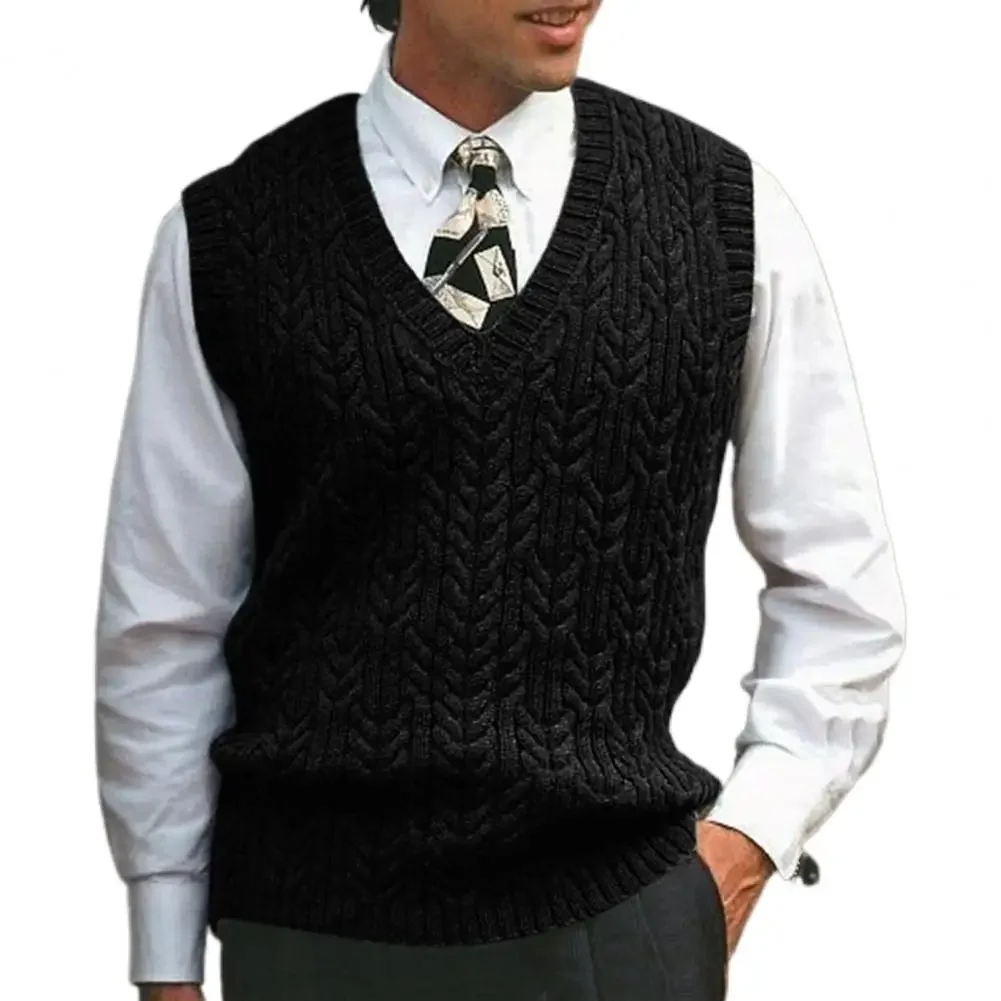 Spring Autumn Men Sweater Vest Twist Pattern V Neck Stretchy Men's Sweater Knitting Straight Waistcoat