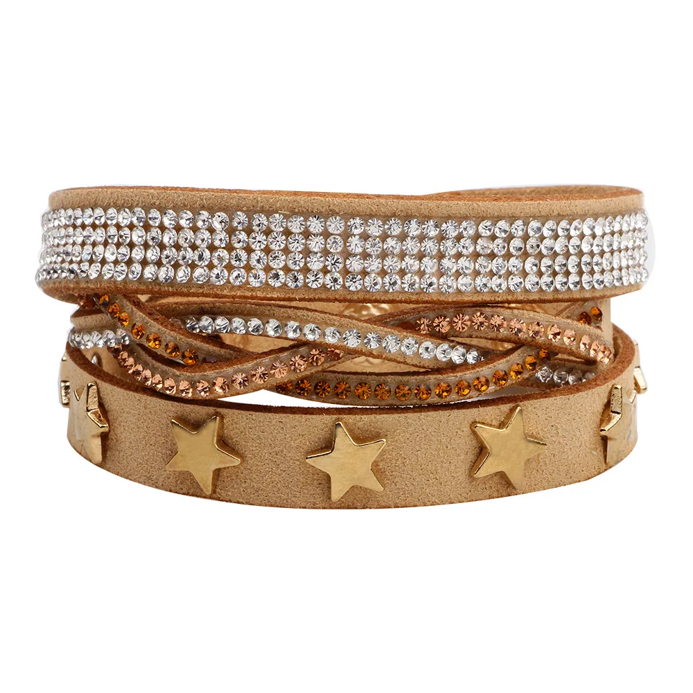 Amorcome Bohemian Two Stars Charm Bracelets for Women Vintage Rhinestone Braided Leather Wrap Bracelet Female Party Jewelry