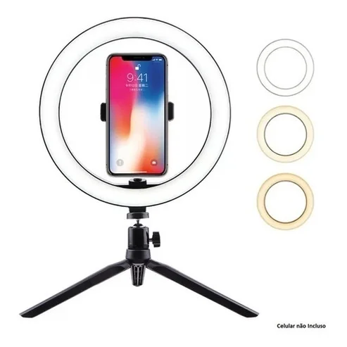 Led Ring Light para Selfie, Professional, Iluminador, 20 cm, 8 posições