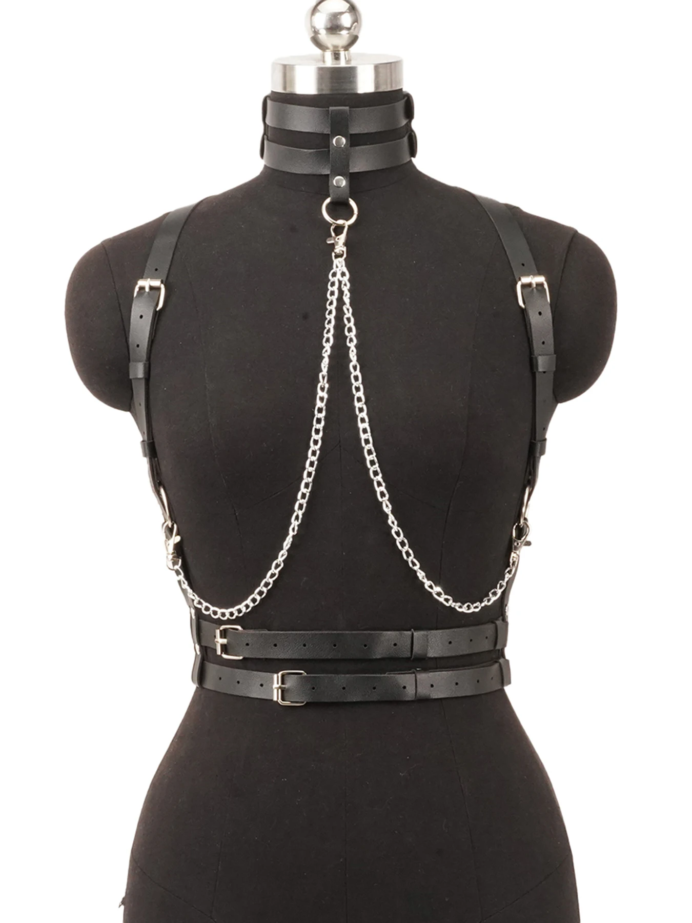 

Leather Body Harness with Adjustable Straps and Chain Detail, Gothic Rave Festival Outfit for Women