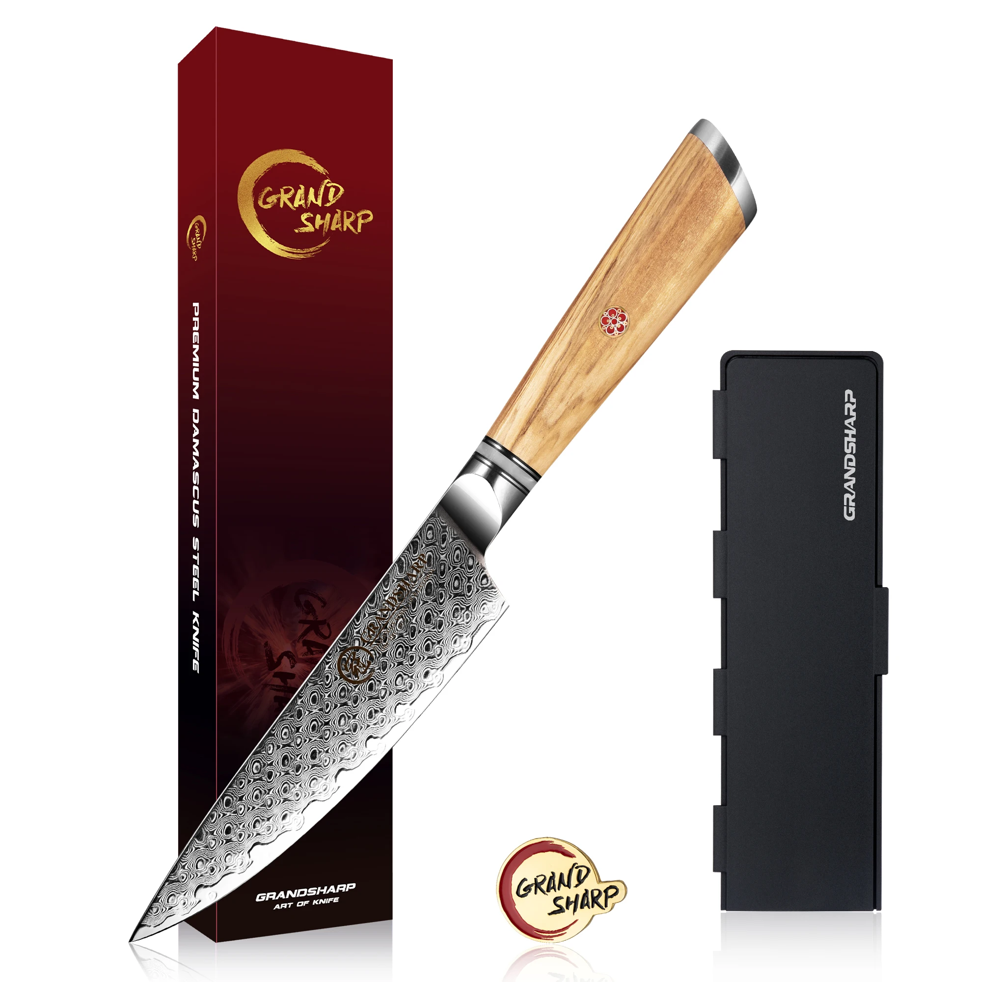 Grandsharp Pro 5 Inch Utility knife 67 Layers AUS10 Damascus Steel Olive Handle Kitchen Knives Meat Cleaver Chef Petty Knife