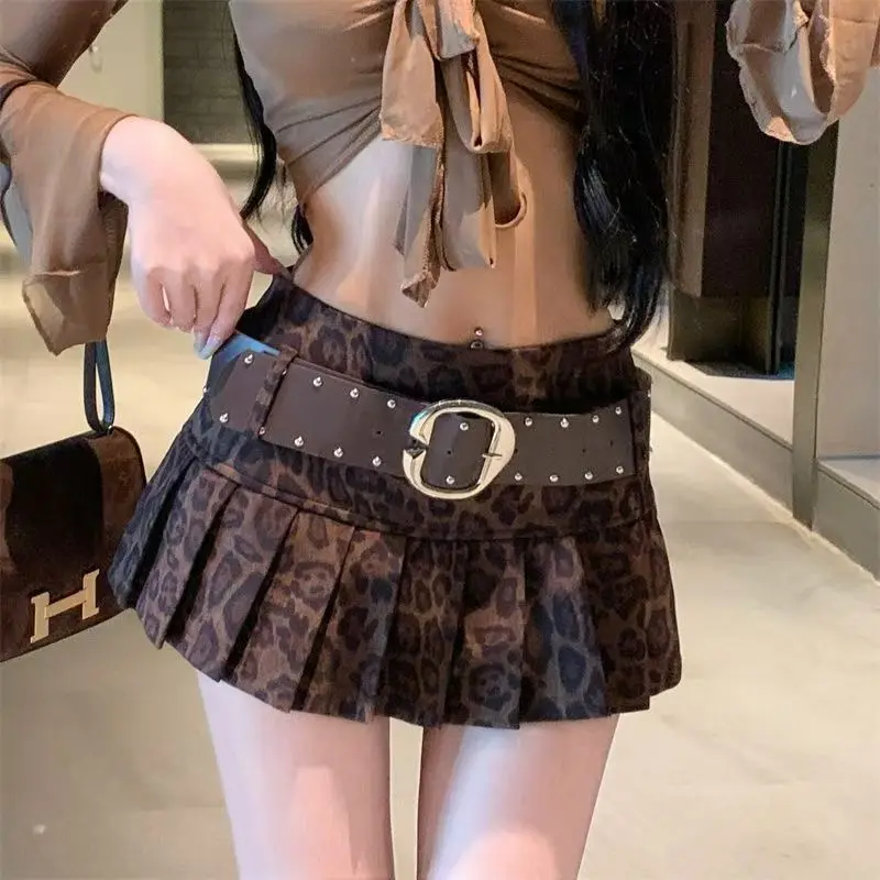 

Y2K Vintage Leopard Mini Skirt Women Harajuku Streetwear Belt High Waist Hottie Pleated Skirts American Retro Fall Short Skirt