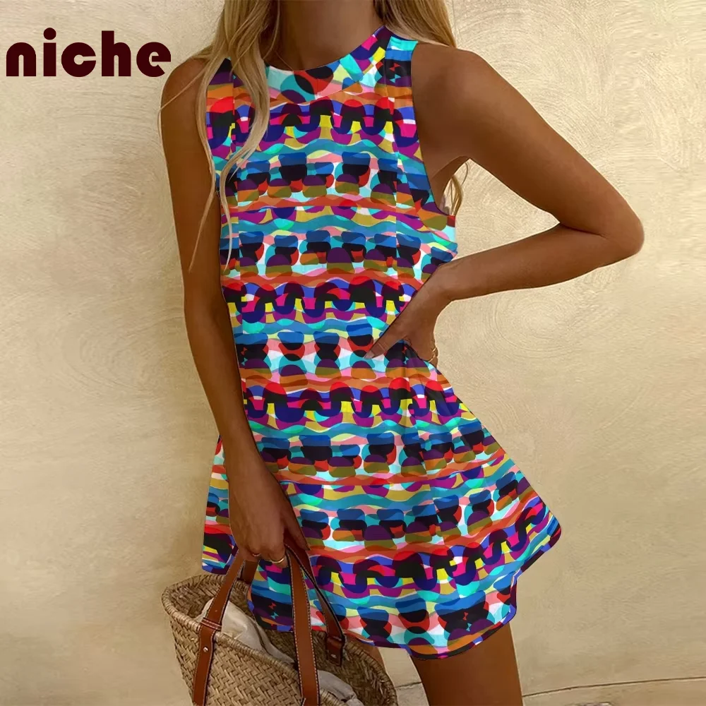 

Colorful Geometric Smudge Print Women's Sleeveless Dress High Quality Bamboo Hemp Fabric Beach Vacation Party Dresses