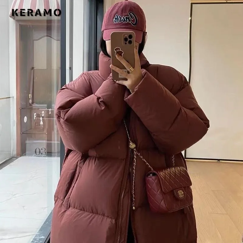 Women\'s Casual Basic Long Sleeve Oversized Single Breasted Parkas 2023 Autumn Winter Outerwear Jacket Red Warm Solid Coat