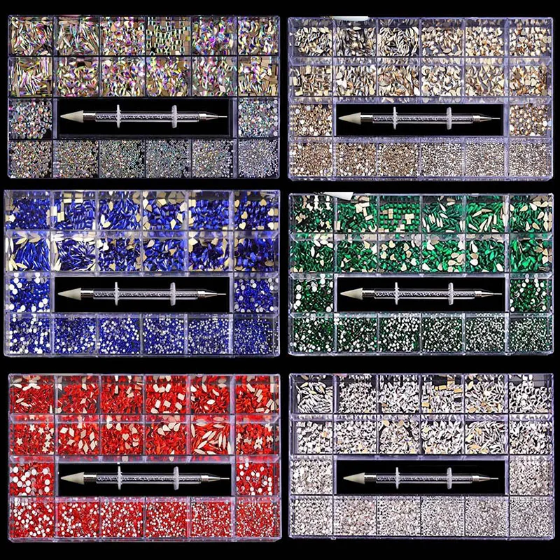 2800 teile/schachtel Luxus Strass Nail art Schmuck Set Glas Nagel Kristalle Box 3D Flache Glas Geformt Diamant Nägel Dekoration Edelstein – Detail 2