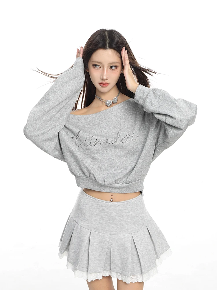 Women Design Sense Niche Off Shoulder Hoodies Long Sleeve Sexy Crop Top Streetwear Pullovers Sweatshirt Autumn Winter New