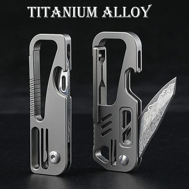Titanium Alloy Folding Knife Damascus D2 BladeClimbing Buckle Outdoor Multi-tool Security Self-defense Hand Tools Bottle Opener