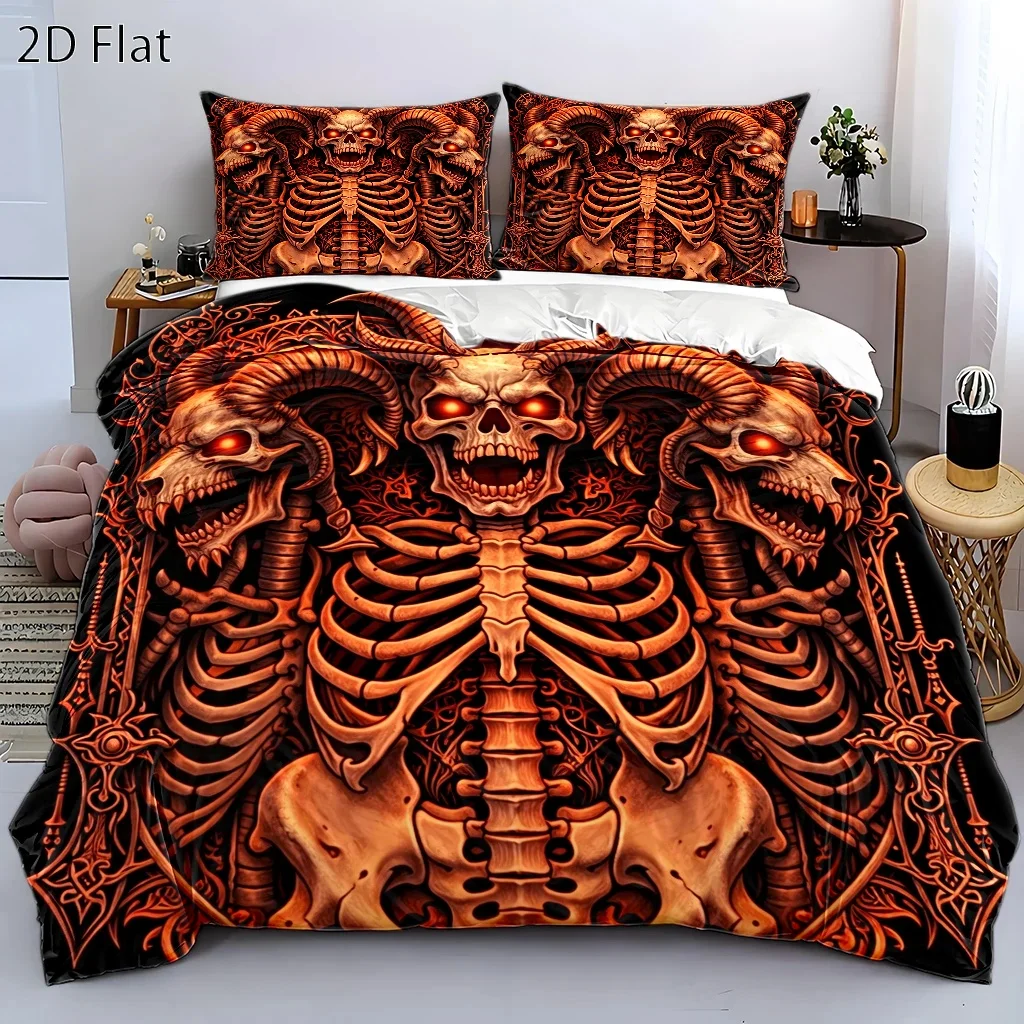 3Pc Dark Gothic Skull Demon Style Duvet Cover Set, Bedding Three-Piece Set (1*Duvet Cover + 2*Pillowcases), Suitable for All Seasons, Machine Washable, Invisible Zipper Design, Large Double Bed Cover Set, Suitable for Home, Dorm, Master Bedroom, Guest Room, Gothic Retro Pattern Bedding, Trendy and Unique Bedding Set, European and American Punk Style Skull Print Duvet Cover, Durable and Easy to Clean Bedding Three-Piece Set, Hot-Selling Dark Style Bedding Set