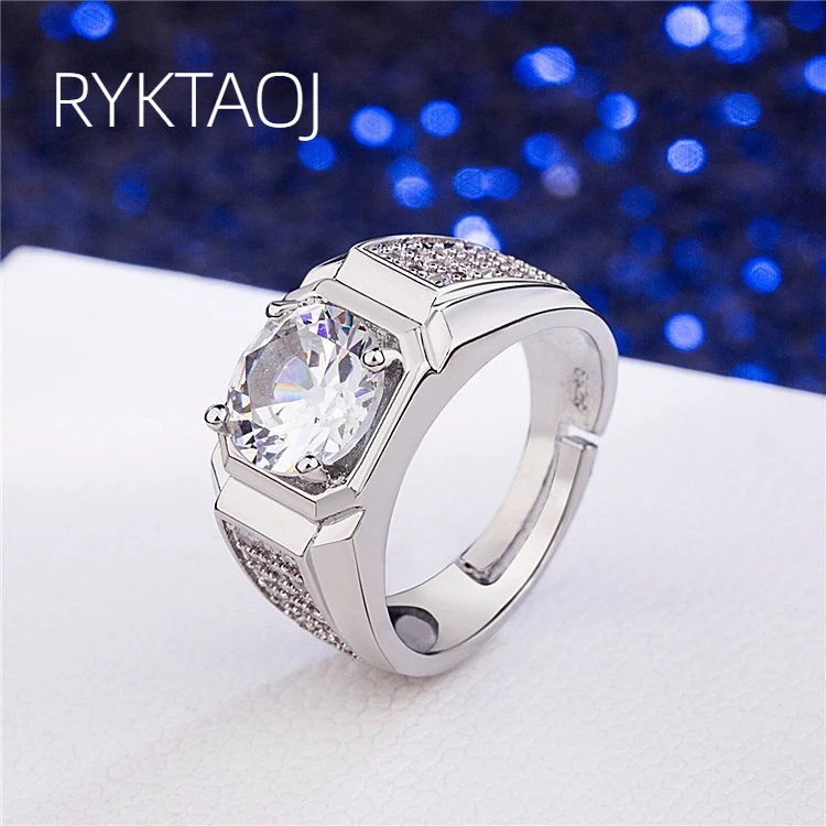 925 Sterling Silver Men's Moissanite Ring Round Brilliant Cut CZ Micro‑Paved Side Stones Adjustable Open Band Male Jewelry Gift