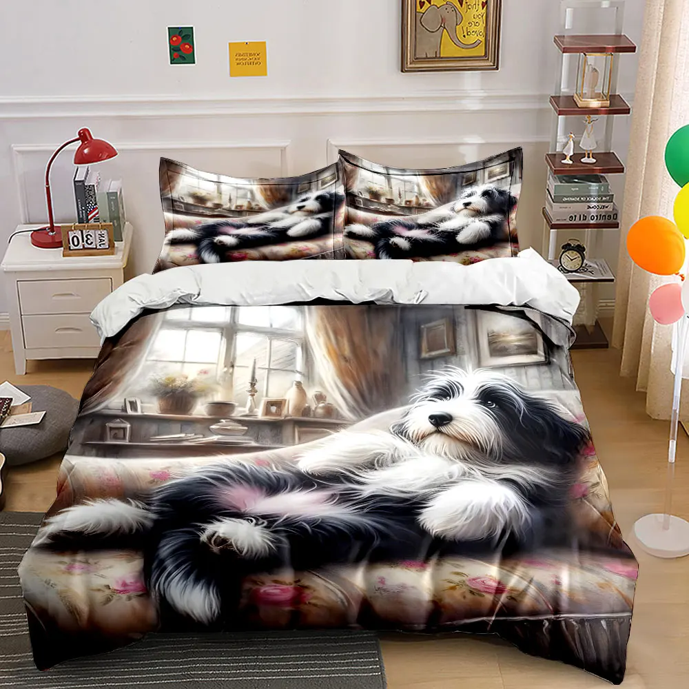 Lazy dog lounging on floral couch Print Bedding Set 1 Duvet Cover 2 Pillowcases for Adult and Children Luxury Gift Full Size