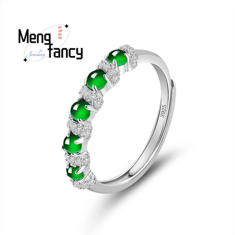 S925 Silver Inlaid Natural A goods Jadeite Yang Green Ice Jade Ring Couple Fashion Luxury Quality Jewelry Exquisite Holiday Gift