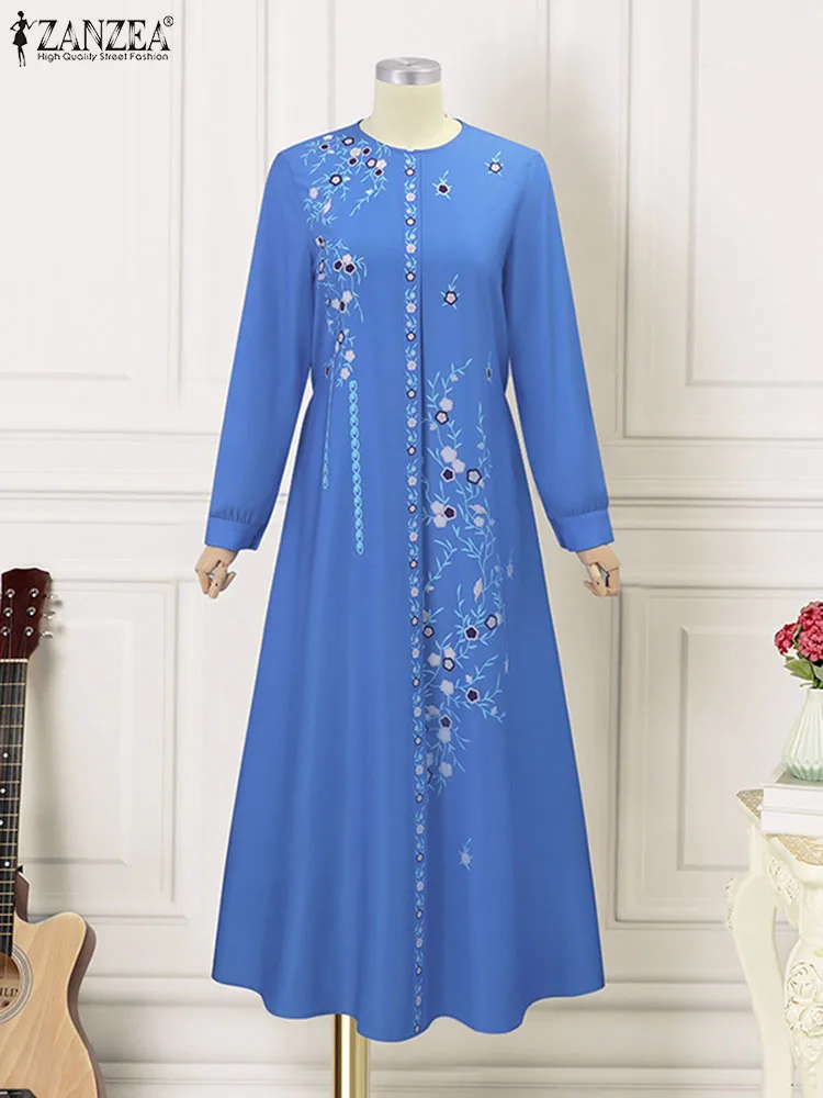 ZANZEA-Robe Maxi Musulmane Élégante pour Femme, Abaya de Ramadan, Manches sulf, Imprimé Floral, Robe d'Été Bohème, Vêtements Islamiques