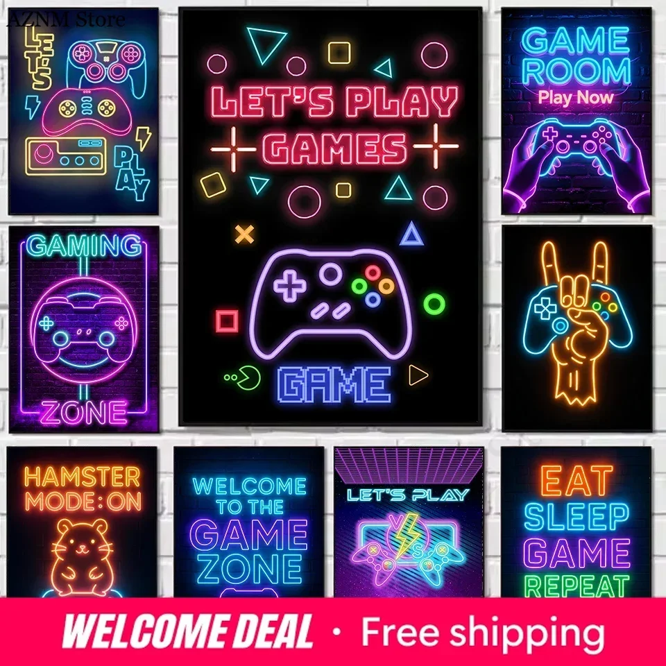 Eat Sleep Game Repeat Gaming Gamepad Game Zone Neon Sign Poster Printed Canvas Painting Wall Art Pictures Home Decor