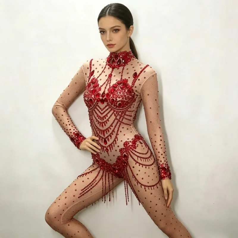 Women's Sexy Slim Fit Red Rhinestone Jumpsuit for Party Birthday Ballroom Crystal Nightclub Bar Singer Gogo Dance Costume