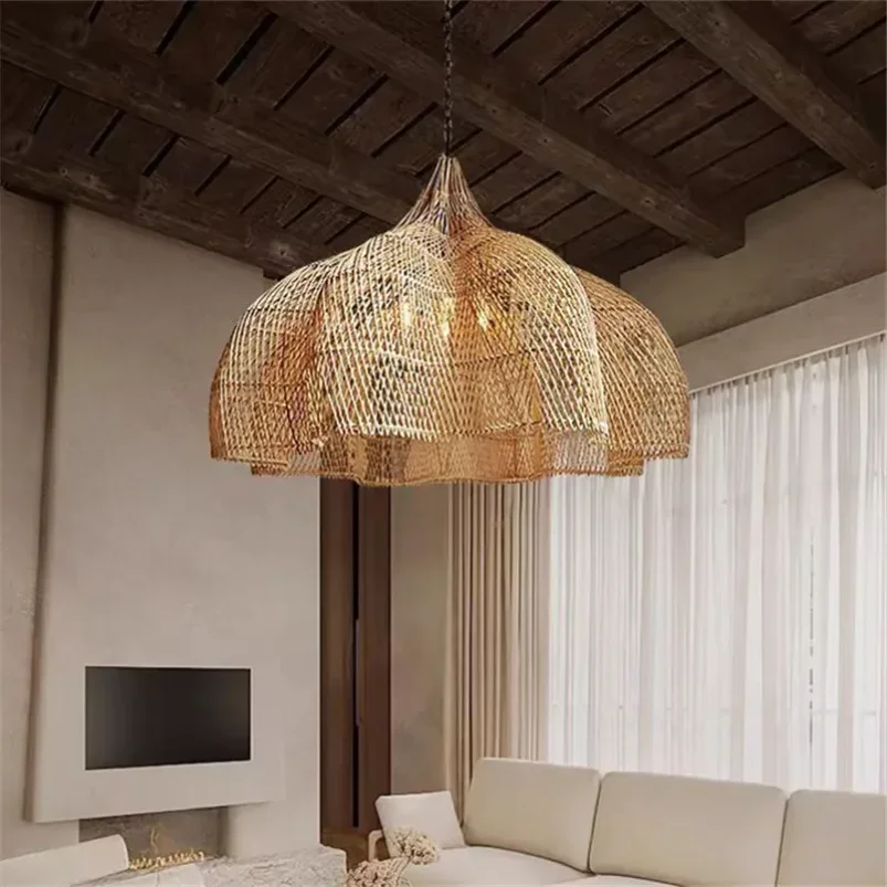 Petals Wicker Pendant Light Handmade Rattan Umbrella Light for Dining Room Restaurant Lamp Teahouse Bedroom Farmhouse Light