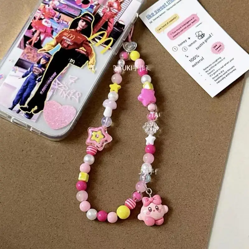 Kawaii Kirby Beaded Mobile Phone Chain Charm Ins Cartoon Star Kirby Ccd Camera Chain Pendant Girls Bag Sweet Accessories Gift