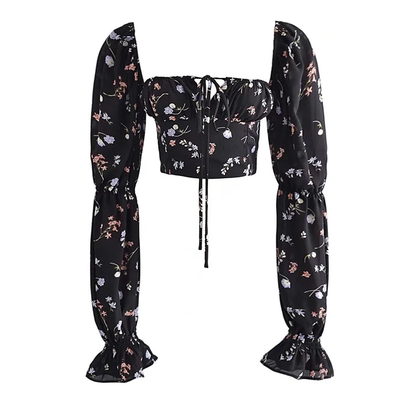 Camicetta da donna Street Sle con stampa floreale vintage romantica Bubble Sve ort irt Dolce colletto quadrato con apertura sulla pancia impreziosita