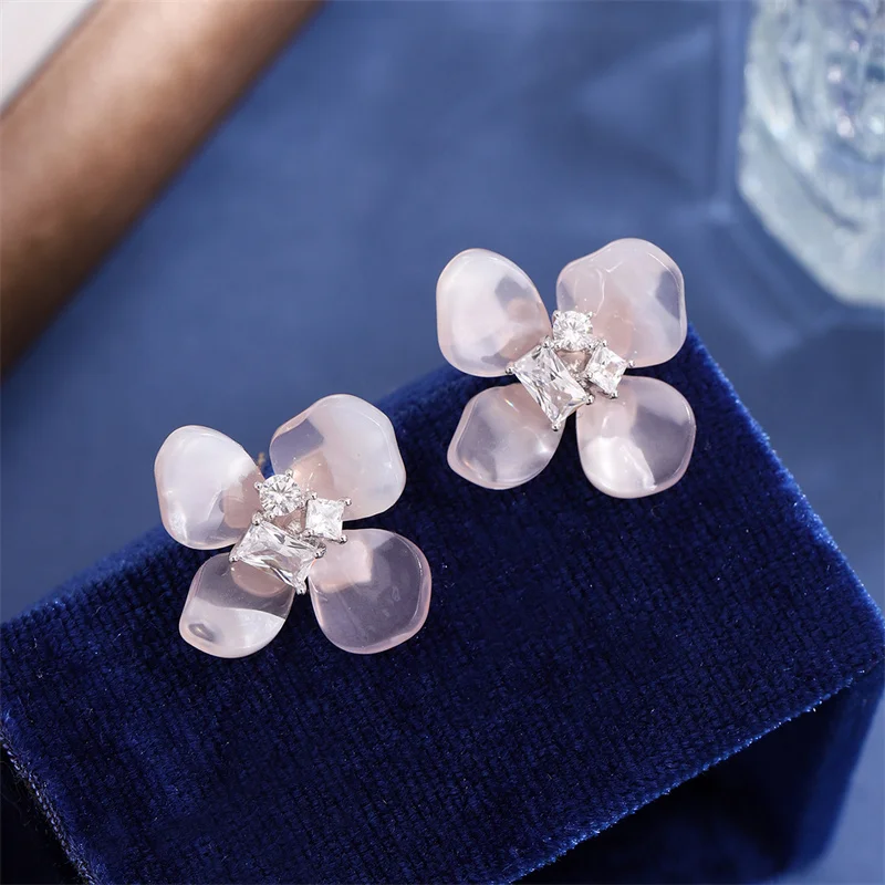 

s925 silver needle fashionable sweet versatile metal pink flower earrings niche elegant simple and light luxury earrings