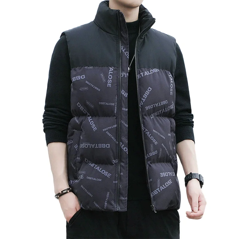 Autumn Winter Padded Vest Men Outdoor Loose Thick Warm Sleeveless Cardigan Vest Handsome Stand Collar Down Cotton Waistcoat
