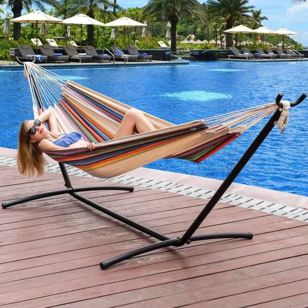 Folding Outdoor Hammock with Stand And Canopy Large Two Person Hammock Stand Beach Swing Hanging Hammock Bed