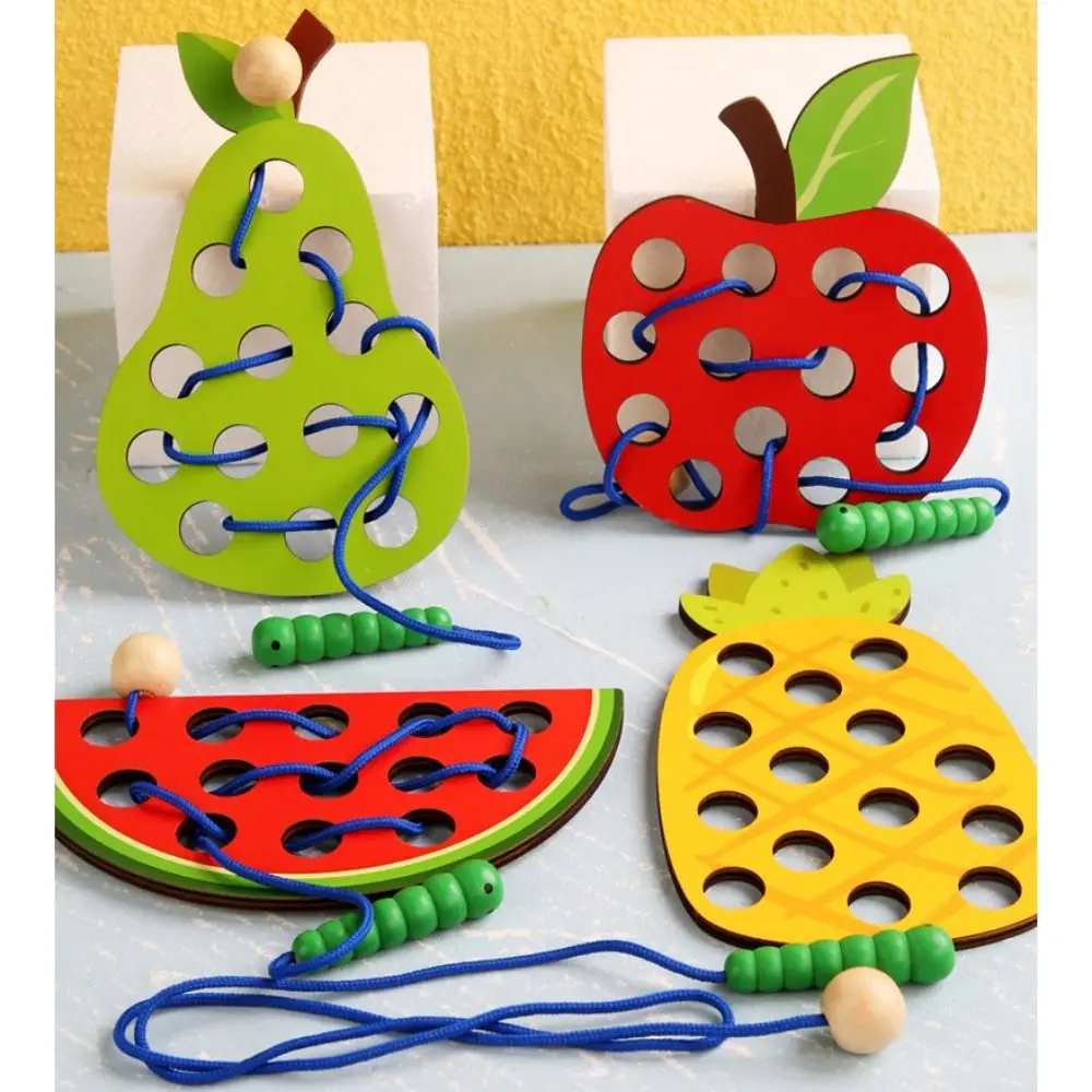 لوحة خيوط الفاكهة الخشبية التعليم المبكر لون الإدراك خيوط حبل لعبة التنسيق بين اليد والعين المساعدة التعليمية #4