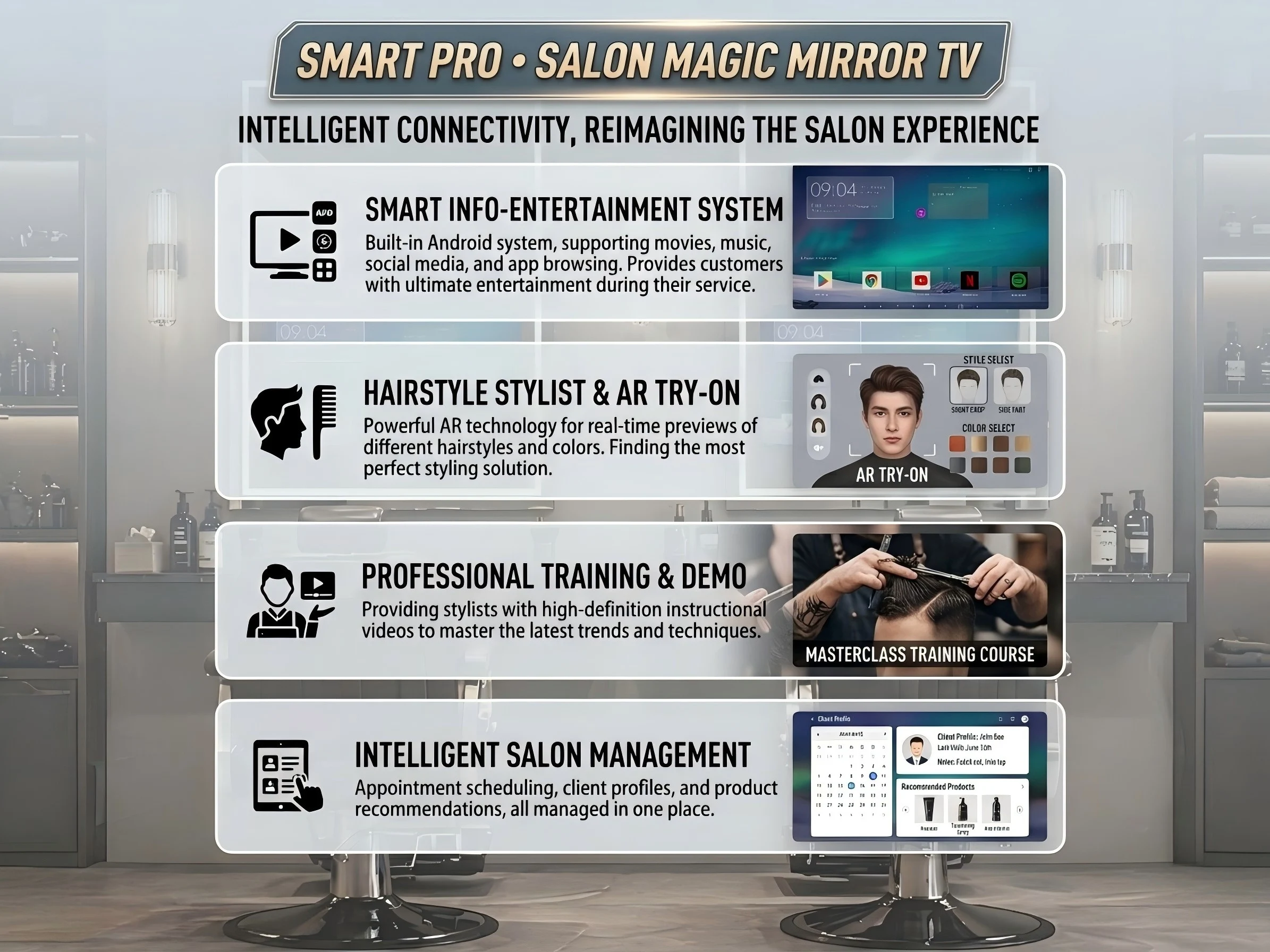Smart Android Frameless LED Backlit Barber Shop Mirrors With TV Waterproof 21.5 Inch Mirror With TV Screen For Saloon Spa